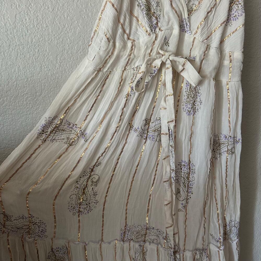 Boho Paisley Tiered Metallic Maxi Dress Festival Cottagecore White - Picture 3 of 9